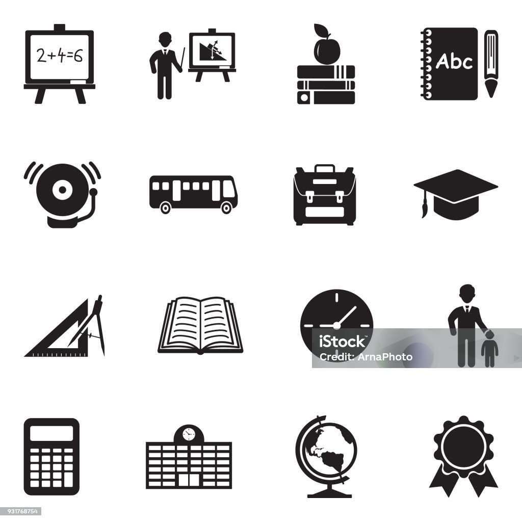 School Icons. Black Flat Design. Vector Illustration. School, Education, Subjects, Junior High Icon Symbol stock vector