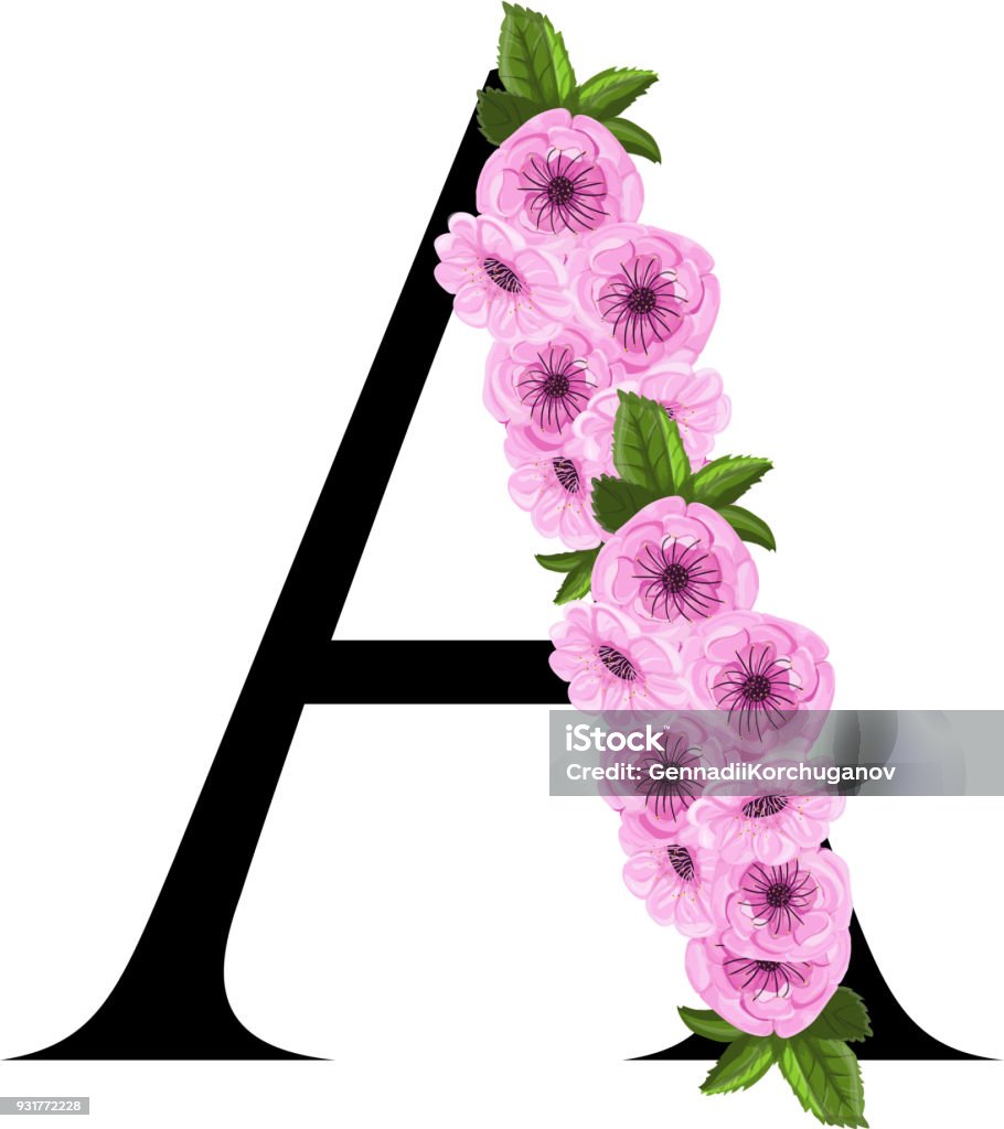 Letter A floral ornament Letter A floral sakura ornament isolated on white background Abstract stock vector