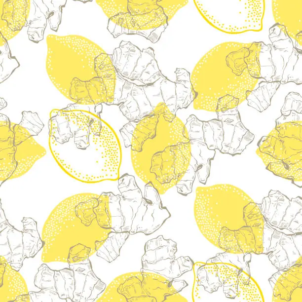 Vector illustration of Ginger and  lemon. Seamless vector pattern on white background.
