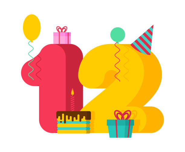 ilustrações de stock, clip art, desenhos animados e ícones de 12 year greeting card birthday. 12th anniversary celebration template. twelve number and festive piece of cake with candle. balloon and gift box. - circa 12th century