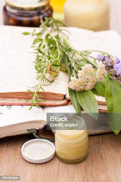 Traditional Medicinal Plants Books And Medical Creams Stock Photo - Download Image Now