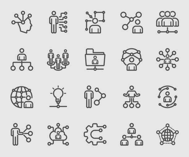 ilustraciones, imágenes clip art, dibujos animados e iconos de stock de icono de línea de red humana - collaboration