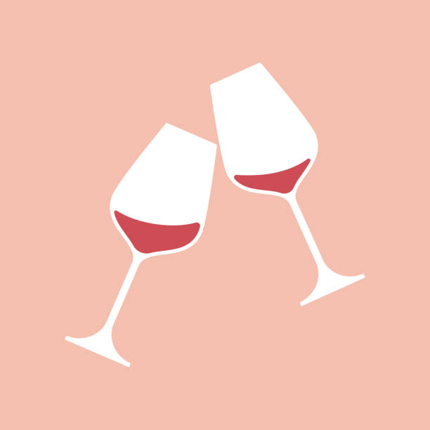 Wineglasses_Cheers Illustration of two wine glasses filled with red wine on color background. wineglass illustrations stock illustrations