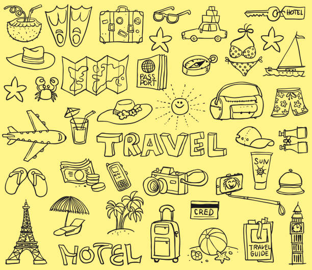 illustrazioni stock, clip art, cartoni animati e icone di tendenza di viaggio divertente doodles - holiday symbols