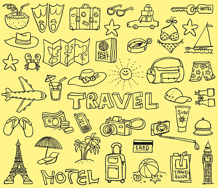 Vector illustration of a funny doodles with the theme of traveling and vacations