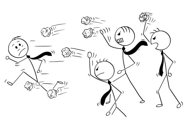 illustrations, cliparts, dessins animés et icônes de caricature d’homme d’affaires en cours d’exécution du groupe de gens d’affaires en colère lançant des boules de papier - rackets and ball