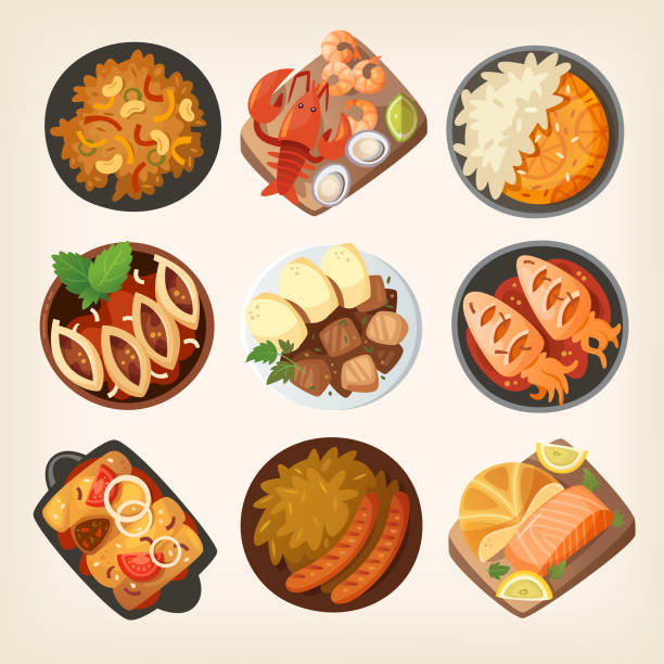 Various dishes from world cuisines Dinner table closeup. Top view on classic dinner dishes from different countries of the world. Food from national cuisines on a table. View from above. Isolated vector illustrations. Part 3/3 montenegro stock illustrations