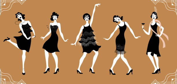 Charleston Party. Gatsby style set. Group of retro woman dancing charleston.Vintage style. retro silhouette dancer.1920 party vector background.Swing dance girl Group of retro woman dancing charleston.Vintage style. retro silhouette dancer.1920 party vector background.Swing dance girl gatsby stock illustrations