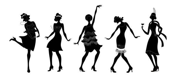 Charleston Party.Black dancing girls silhouette .Gatsby style set. Group of retro woman dancing charleston.Vintage style. retro silhouette dancer.1920 party vector background.Swing dance girl Gatsby style set. Group of retro woman dancing charleston.Vintage style. retro silhouette dancer.1920 party vector background.Swing dance girl gatsby stock illustrations