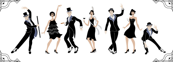 Group of retro woman and man dancing charleston. Vintage style. retro silhouette dancer.1920 party vector background.Swing dance