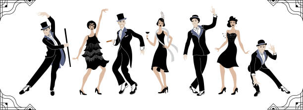 Charleston Party. Gatsby style set. Group of retro woman and man dancing charleston. Vintage style. retro silhouette dancer.1920 party vector background.Swing dance Group of retro woman and man dancing charleston. Vintage style. retro silhouette dancer.1920 party vector background.Swing dance 1920 stock illustrations
