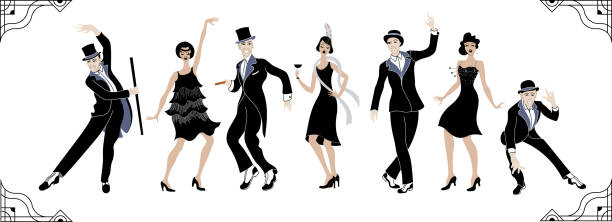 Charleston Party. Gatsby style set. Group of retro woman and man dancing charleston. Vintage style. retro silhouette dancer.1920 party vector background.Swing dance Group of retro woman and man dancing charleston. Vintage style. retro silhouette dancer.1920 party vector background.Swing dance gatsby stock illustrations