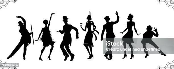 Charleston Party Gatsby Stilgruppe Gruppe Von Retrofrau Und Mann Schwarze Silhouette Tanzen Charleston Vintage Styleretro Silhouette Dancer1920 Partei Vektor Hintergrund Swing Tanz Mädchen Stock Vektor Art und mehr Bilder von 1920-1929