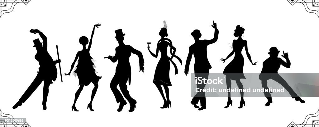 Charleston Party. Gatsby style set. Group of retro woman and man black silhouette dancing charleston. Vintage style.retro silhouette dancer.1920 party vector background.Swing dance girl. Vintage style.retro silhouette dancer.1920 party vector background.Swing dance girl. 1920-1929 stock vector