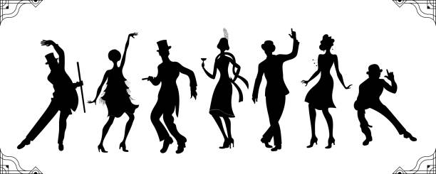 Charleston Party. Gatsby style set. Group of retro woman and man black silhouette dancing charleston. Vintage style.retro silhouette dancer.1920 party vector background.Swing dance girl. Vintage style.retro silhouette dancer.1920 party vector background.Swing dance girl. 1920 stock illustrations