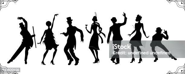 Charleston Party Gatsby Style Set Group Of Retro Woman And Man Black Silhouette Dancing Charleston Vintage Styleretro Silhouette Dancer1920 Party Vector Backgroundswing Dance Girl Stock Illustration - Download Image Now