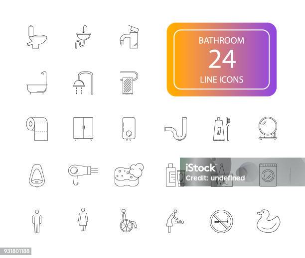 Line Icons Set Bathroom Pack Stock Illustration - Download Image Now - Bath Sponge, Bathroom, Blow Drying Hair