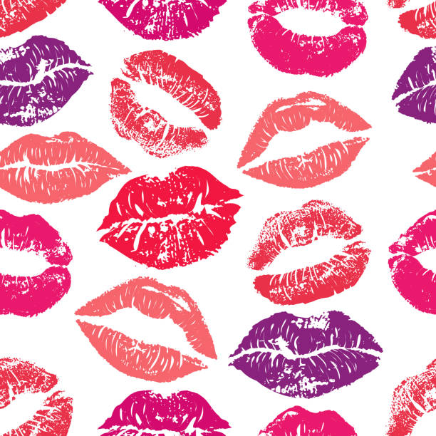 Seamless pattern with lipstick kisses. Colorful lips of red purple and pink shades isolated on a white background.fabric print, wrapping or romantic greeting card design Colorful lips of red purple and pink shades isolated on a white background.fabric print, wrapping or romantic greeting card design kissing illustrations stock illustrations