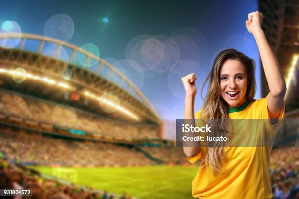 Brazilian Fan Cheering At The Stadium Stock Photo - Download Image Now - Fan - Enthusiast, Brazil, Soccer