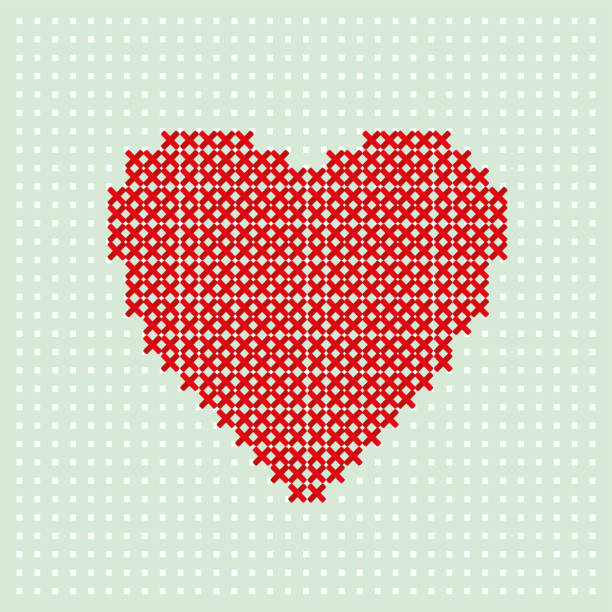 ilustrações de stock, clip art, desenhos animados e ícones de red heart embroider by thread on turquoise background. cross stitching on canvas. - embroider