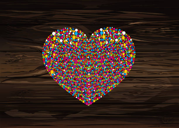 illustrazioni stock, clip art, cartoni animati e icone di tendenza di coriandoli arcobaleno multicolori a forma di cuore. vettore su sfondo di legno. amore. cartolina o invito per una vacanza. san valentino - couple abstract multi colored new