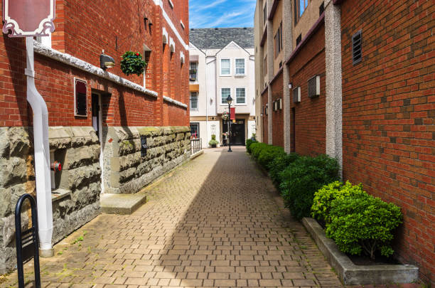 Empty Narrow Alley in a City Centre Narrow Stone Alley Between Two Red Brick Buildings on a Sunny Summer Day. Duncan, BC, Canada. duncan british columbia stock pictures, royalty-free photos & images