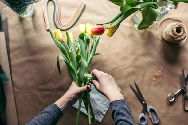 istock Young girl makes a tulip bouquet 931809540
