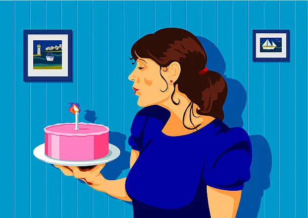 Vector illustration of Lady blowing out candle on a birthday cake