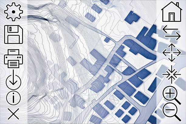 istock Online consultation of cadastral maps and territorial information - concept image with an imaginary cadastral map of territory with buildings, roads and web navigation icons