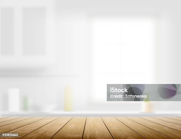 Wooden Table On A Kitchen Background Stock Illustration - Download Image Now - Table, Backgrounds, Kitchen