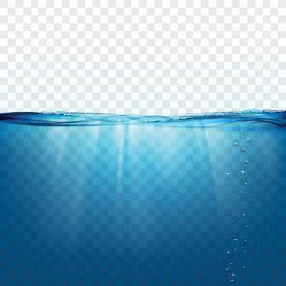 Water wave surface on a transparent background. Sun rays and air bubbles underwater. Stock vector illustration.