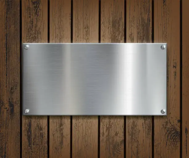 Vector illustration of Metal plate on a wooden background.
