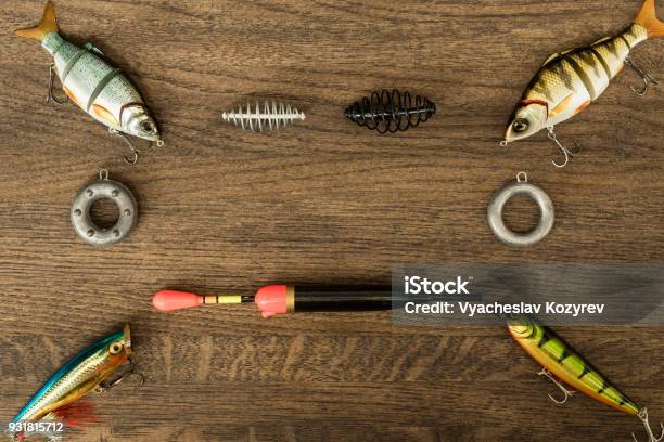 Fishing Tackle On Wooden Background Top View Stock Photo