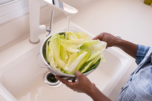 Woman's hands washing lettuce, using a colander.