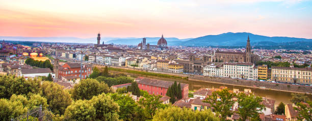 a fabulous panoramic view of florence from michelangelo square at sunset. it is a pilgrimage of tourists and romantics. duomo cathedral. italy, tuscany - romantics imagens e fotografias de stock