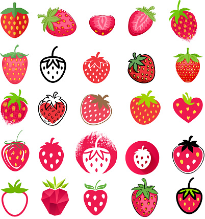 Strawberry icons big set. Different styles - flat,realistic, hand drawn, painted mosaic