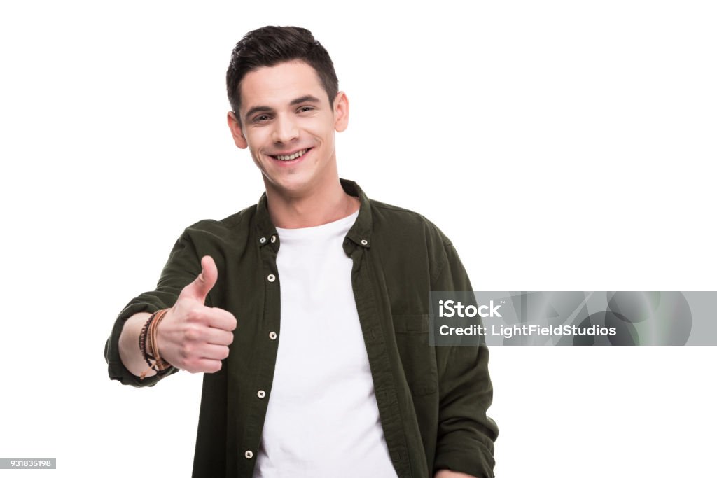 smiling man showing thumb up isolated on white Adult Stock Photo