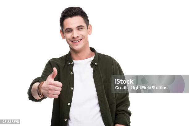 Smiling Man Showing Thumb Up Isolated On White Stock Photo - Download Image Now - Adult, Adults Only, Clothing