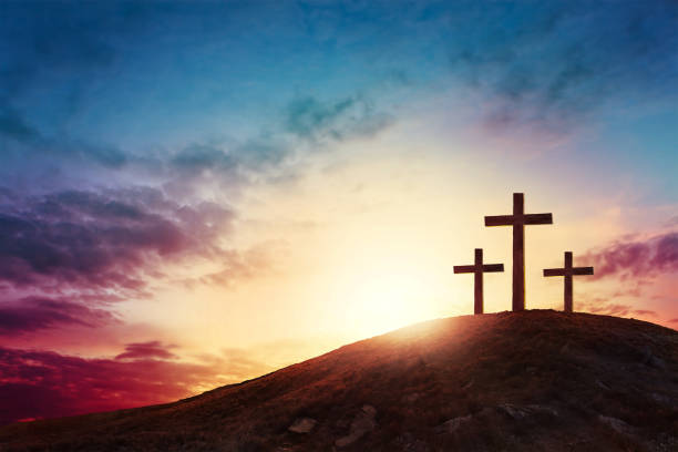 cross Silhouette cross on Calvary mountain sunset background. Easter concept bible gospel stock pictures, royalty-free photos & images