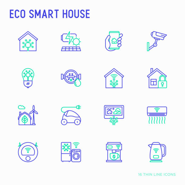 ilustrações, clipart, desenhos animados e ícones de conjunto de ícones de linha fina de casa inteligente eco: bateria solar, segurança, configurações de luz, aparelhos, inteligência artificial, controle de aplicativo móvel. ilustração de vetor de poupança de energia e novas tecnologias. - water meter