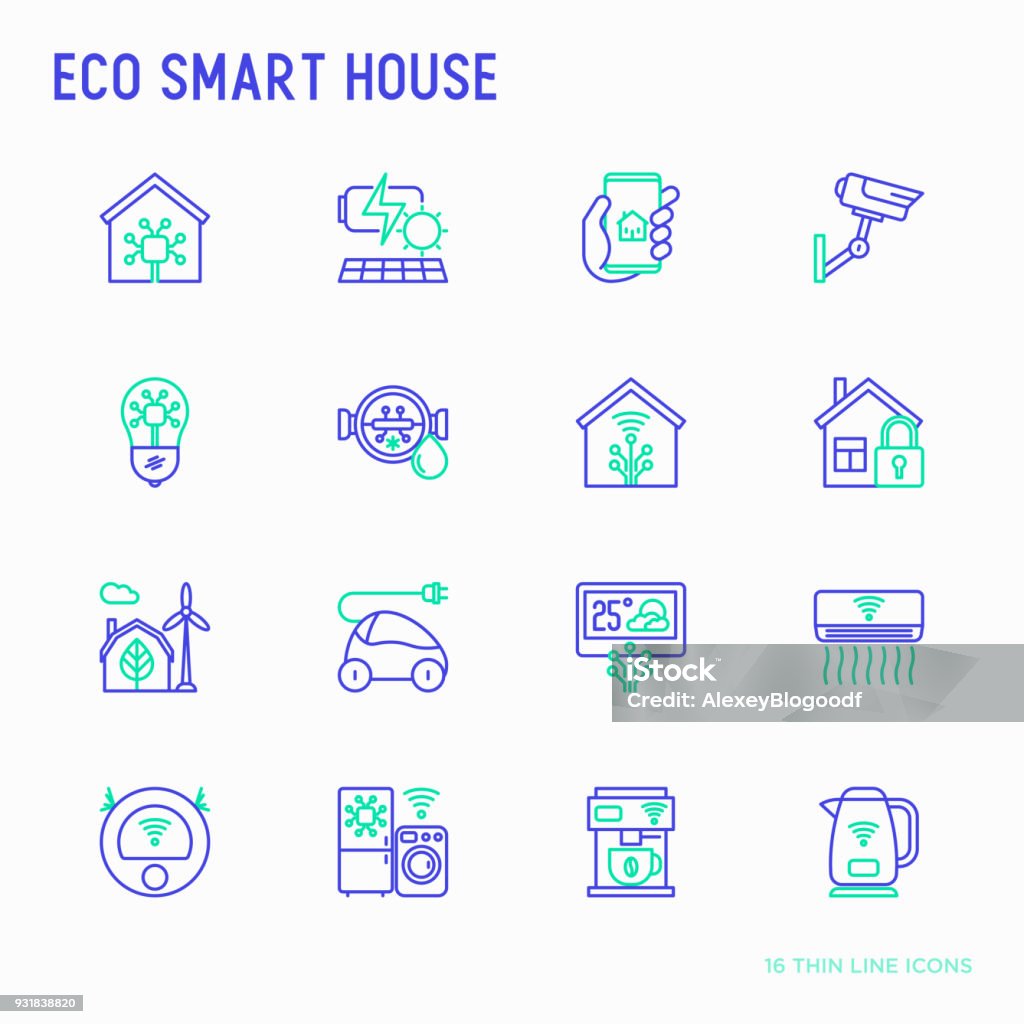 Eco smart house thin line icons set: solar battery, security, light settings, appliances, artificial intelligence, mobile app control. Energy saving and new technologies vector illustration. Icon Symbol stock vector