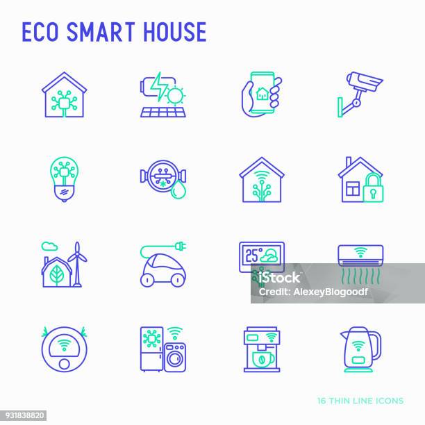 Eco Smart House Thin Line Icons Set Solar Battery Security Light Settings Appliances Artificial Intelligence Mobile App Control Energy Saving And New Technologies Vector Illustration Stock Illustration - Download Image Now