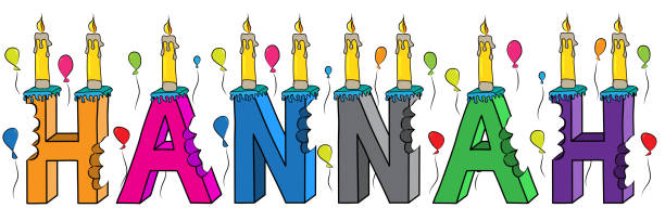 illustrazioni stock, clip art, cartoni animati e icone di tendenza di hannah nome femminile morso colorato 3d lettering torta di compleanno con candele e palloncini - hannah