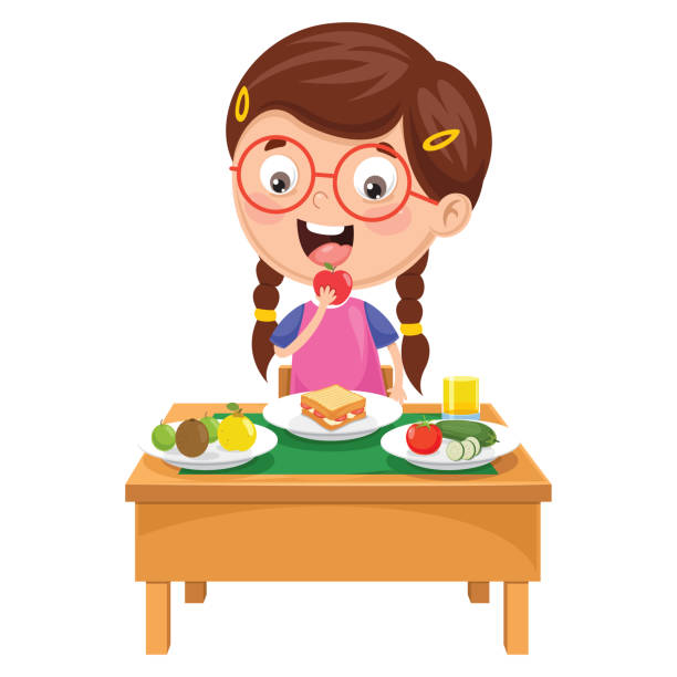 ilustrações de stock, clip art, desenhos animados e ícones de vector illustration of kid having breakfast - vegetables table