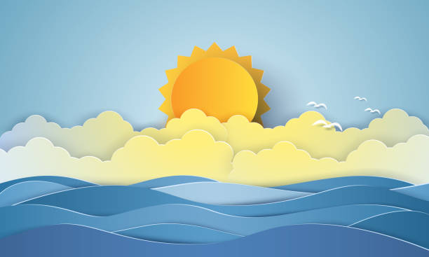 illustrazioni stock, clip art, cartoni animati e icone di tendenza di paesaggio marino, mare blu con stormo di uccelli, nuvola e sole, stile arte carta - sea cloud cloudscape sky
