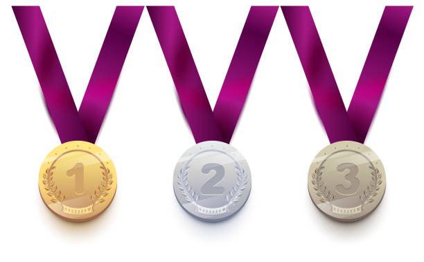 illustrazioni stock, clip art, cartoni animati e icone di tendenza di set medaglia sportiva 1 oro, 2 argento, 3 bronzi - medal achievement russia second place