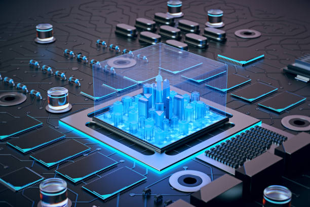 istock 3d illustration of futuristic micro chip city. Computer science information technology background. Sci fi megalopolis. 931852456