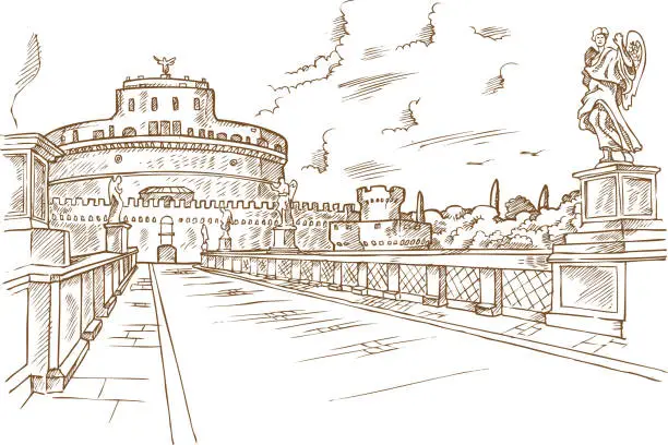 Vector illustration of Castel Santangelo hand draw, Rome.