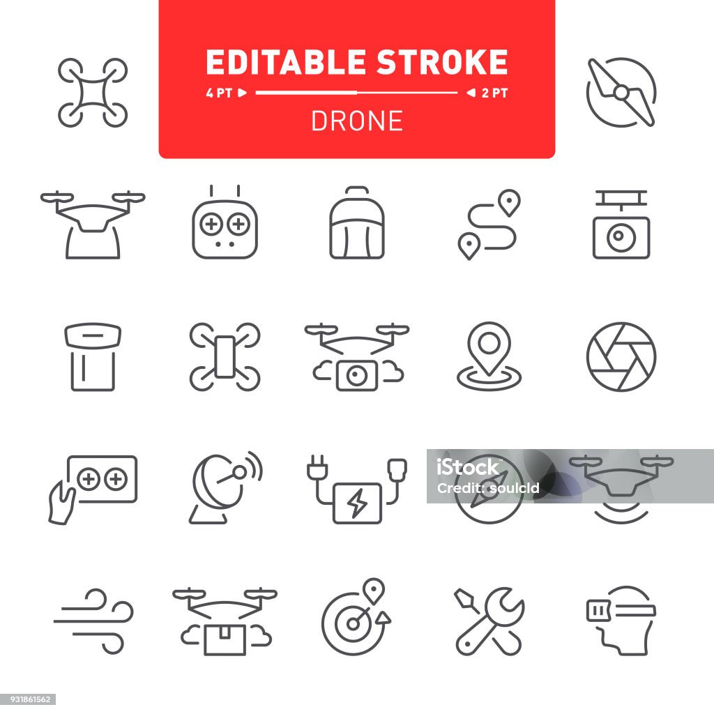 Drone Icons Drone, copter, quadcopter, editable stroke, outline, icon, icon set, propeller,  flying, air vehicle Drone stock vector