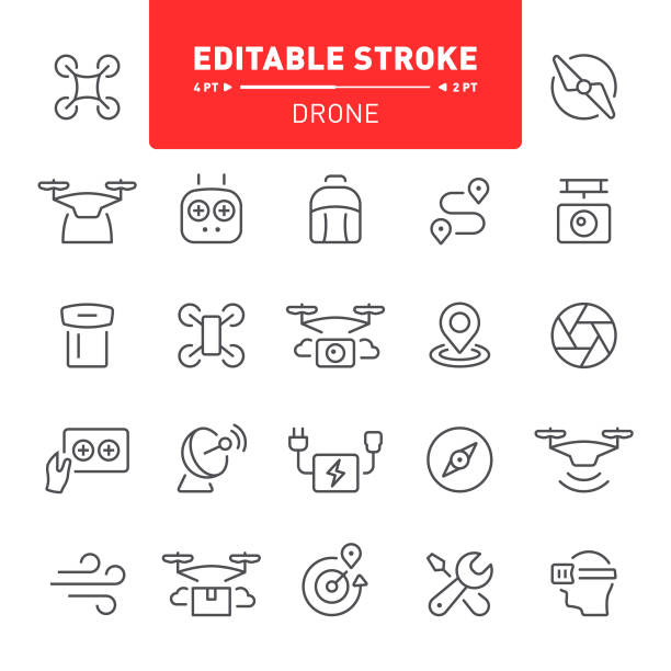 Drone Icons Drone, copter, quadcopter, editable stroke, outline, icon, icon set, propeller,  flying, air vehicle drone stock illustrations